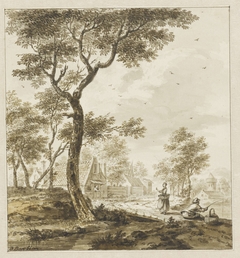 Landschap met figuren en rechts een hengelaar by Bartholomeus Barbiers