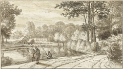 Landschap met twee hengelaars by Abraham Rutgers