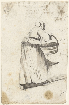 Lopende vrouw met mand, naar rechts, van achteren by Harmen ter Borch