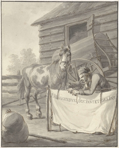 Man met paard voor de stal by Jan Anthonie Langendijk Dzn