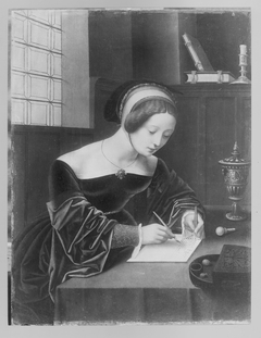 Mary Magdalene writing at her desk by Master of the Female Half-Lengths