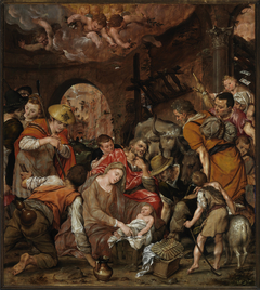 Mary on her death-bed (left), the adoration of the shepherds (middle), the assumption of Mary (right) and the annunciation (outside) by Dirck Barendsz