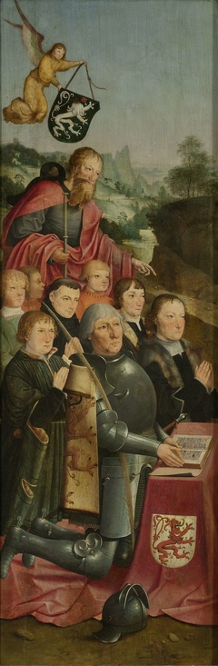 Memorial Panel with Eight Male Portraits, probably Willem Jelysz van Soutelande and Family, with Saint James the Greater and the Van Soutelande Family Crest, inner left wing of an altarpiece by Master of Alkmaar