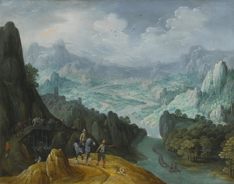Mountainous river landscape with travelers