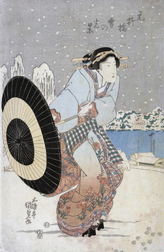 Night snow scene at Motonoyanagi Bridge (Moto-yanagibashi yuki no kokei) by Utagawa Toyokuni I