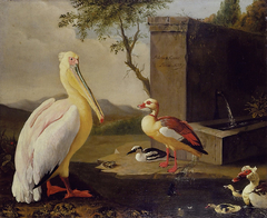 Pelican and ducks in a mountain landscape by Adriaen Coorte