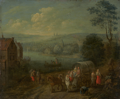 River Landscape with Villages and Travelers [verso] by Anonymous