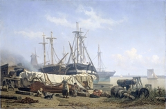 Schafttijd op een scheepstimmerwerf aan de Maas