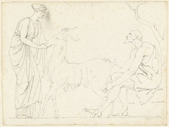 Staande vrouw en zittende man aan weerszijden van een geit by David Pièrre Giottino Humbert de Superville