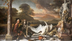 Still Life of Dead Game in a Landscape with Huntsman by Jan Weenix