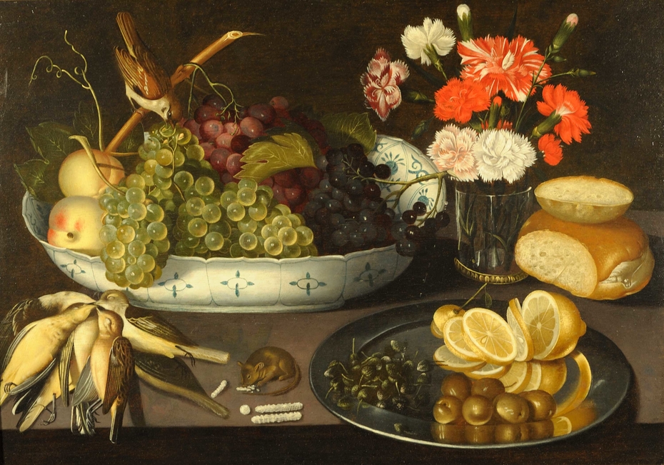 Still Life of Grapes and Peaches on a Porcelain Bowl
