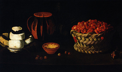 Still Life with a Basket of Cherries, Cheese and Clay Jars by Josefa de Óbidos