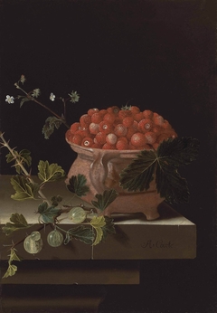 Still life with a bowl of strawberries and a spray of gooseberries by Adriaen Coorte