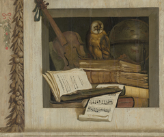 Still Life with Books, Sheet Music, Violin, Celestial Globe and an Owl by Jacob van Campen