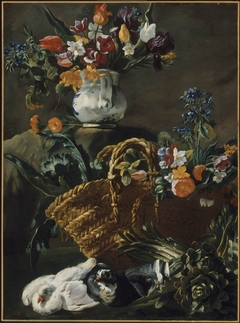 Still Life with Flowers, Vegetables and Pigeons by Simone del Tintore