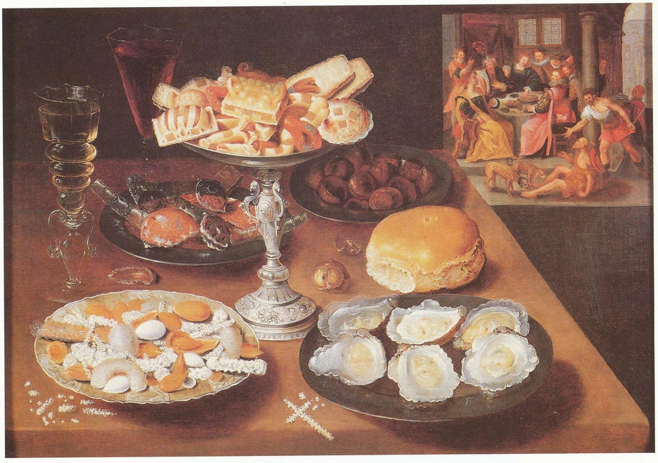 Still life with oysters and sweets, in the bakground "Lazarus and the Rich Man", ca. 1610-1620