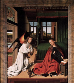 The adoration of the Christ Child; in the background the annunciation to the shepherds by Petrus Christus