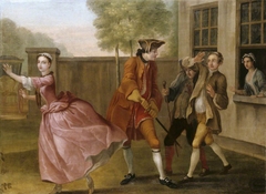 The Elopement: Pamela flying to the Coach, while Lady Davers sends Two of her Footmen to stop her (from Samuel Richardson's Pamela; or Virtue Rewarded, 1740-1) (a Vauxhall Supper Box Picture) by Francis Hayman