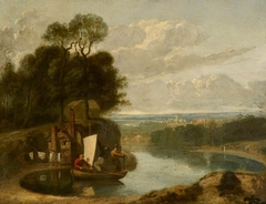 Three Boys in a Sailing Boat on a Lake with, possibly, Durham in the distance by Joseph Farington