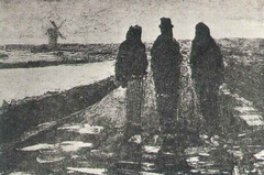 Three Figures near a Canal with Windmill