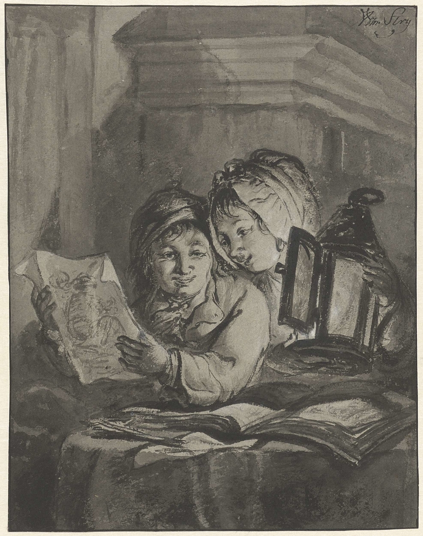 Twee lezende kinderen met een lantaarn