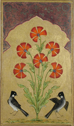Two bulbuls under a poppy plant with many blossoms under an architectural niche by Anonymous