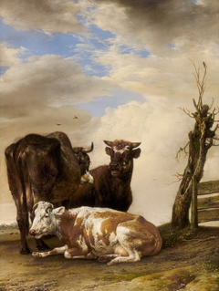 Two Cows and a Young Bull beside a Fence in a Meadow