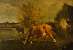 Vache paissant près d'une rivière bordée de saules by Constant Troyon