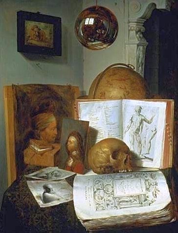 Vanitas still life with skull, books, prints and paintings, with a reflection of the painter at work