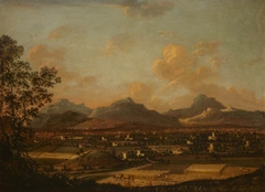 View of a Plain with Corn being cut, fortified Farms and Distant Mountains by Anonymous
