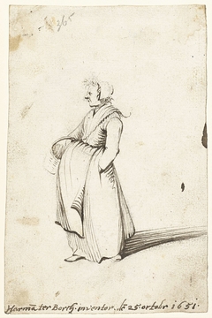 Vrouw met schort om en een mand, naar links by Harmen ter Borch