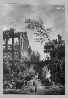 Wasserfall mit Brücke und antiker Tempelruine
