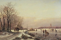 Winter Landscape with Farm Wagon and Skaters by Andreas Schelfhout