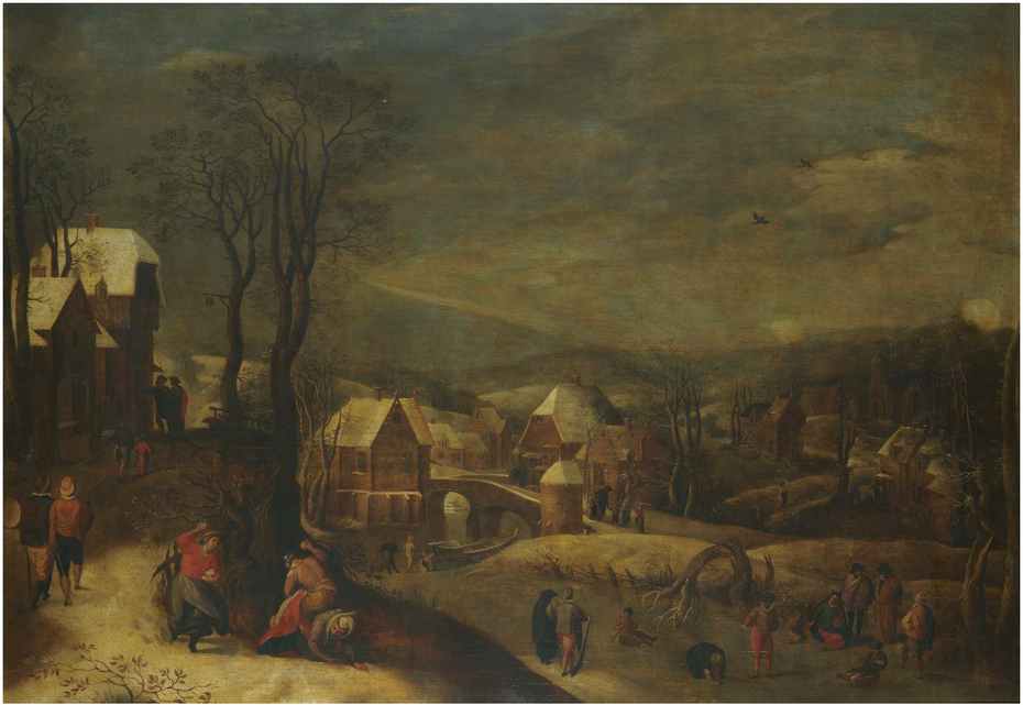 Winter landscape with travellers and people on a frozen river