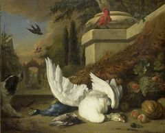 A Dog with a dead Goose and Peacock (A Study of Game and Fruit)