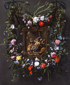 A Garland of Flowers Surrounding a Mocking of Christ by Daniel Seghers