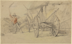 A Man Threshing Beside a Wagon, Farm Buildings Behind