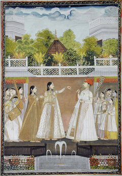 A prince and a princess conversing in the royal gardens by Anonymous