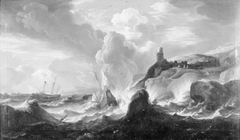 A Rocky Coast with a Atormy Sea and Ships Being Wrecked by Friedrich Wilhelm Boehme