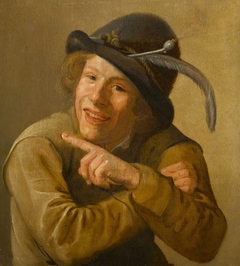 A Smiling Youth Wearing a Black Hat with a Feather and a Clay Pipe in the Brim