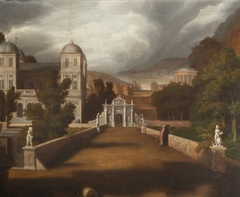 A View of the Grounds of a Palace with Elegant Figures in the Garden with Statues by Anonymous