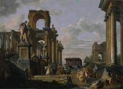 An Architectural Capriccio of the Roman Forum with Philosophers and Soldiers among Ancient Ruins, including the Arch of Janus Quadrifrons, the Sarcophagus of Santa Constanza, the Farnese Hercules and the Cincinnatus by Giovanni Paolo Panini