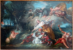 Armide, sur le point de poignarder Renaud, est désarmée à la vue de ce héros endormi by Jean François de Troy
