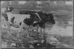 Bauer mit Rindern in der Schwemme by Heinrich von Zügel