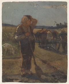 Boer staand met schep op het land by Thomas Simon Cool