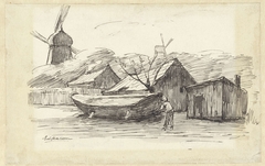 Boot, huizen en een windmolen by Eduard Karsen