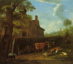 Cattle, Sheep, and Goats at Pasture near an Over-shot Watermill