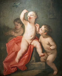 Children playing with a little bird by Jacopo Amigoni