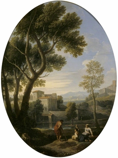 Classical Landscape with a Man and Two Women conversing, a Villa in the Distance by Jan Frans van Bloemen