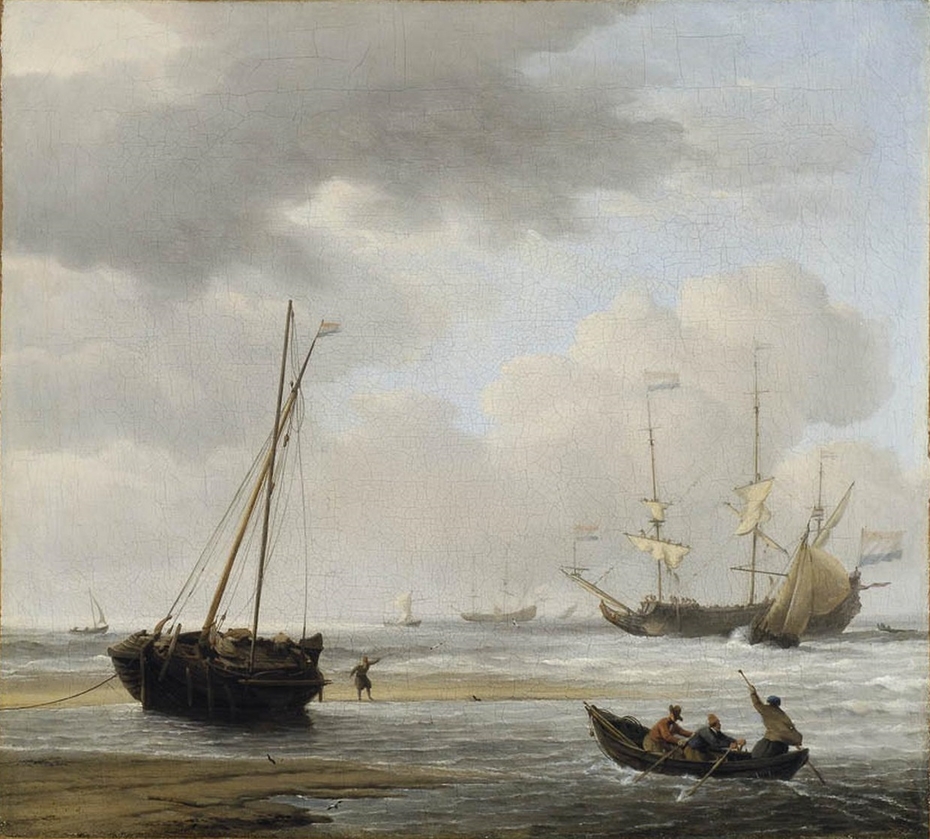 Coast scene with war ships and fishermen